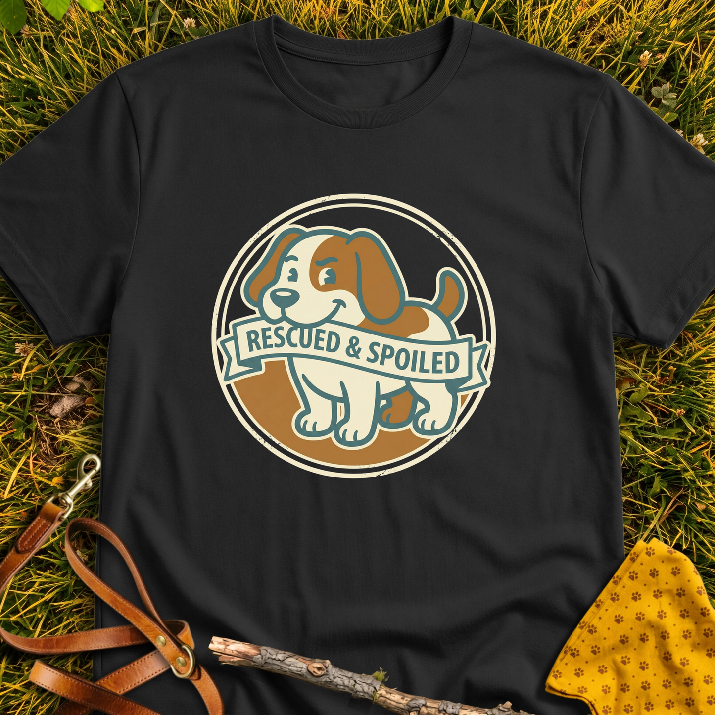 Rescued and Spoiled T-shirt T-shirt in Black - Furever Mode rescue dog tee