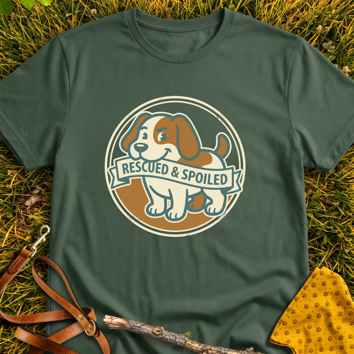 Rescued and Spoiled T-shirt T-shirt in Military Green - Furever Mode rescue dog tee