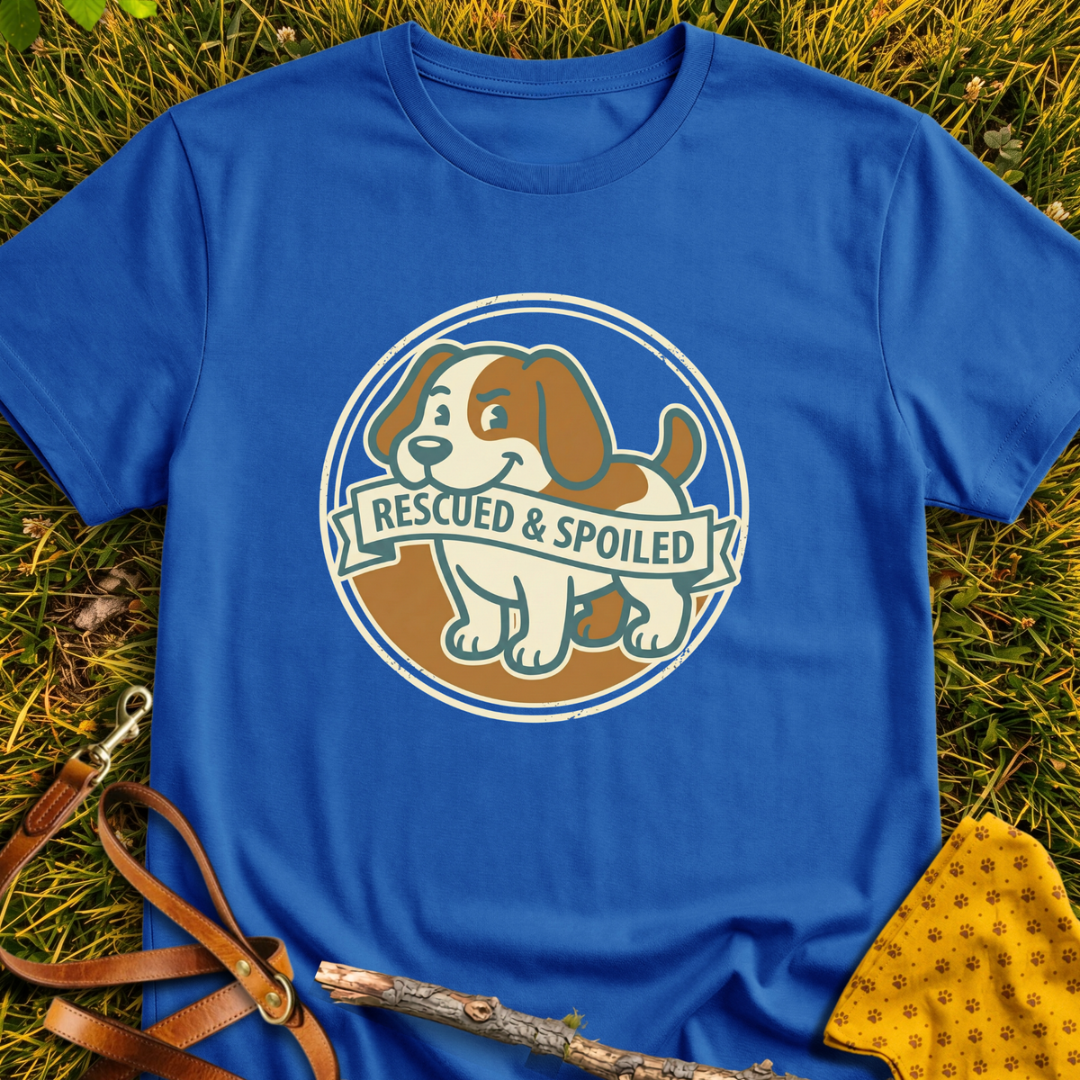 Rescued and Spoiled T-shirt T-shirt in Royal - Furever Mode rescue dog tee