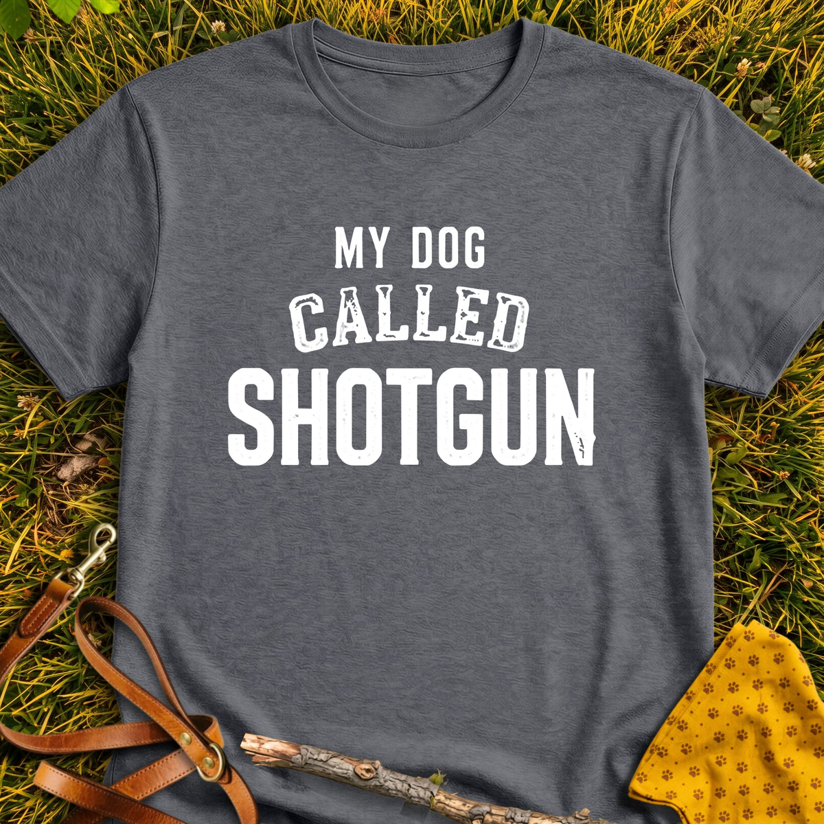 Shotgun T-shirt T-shirt in Dark Heather - Furever Mode rescue dog tee