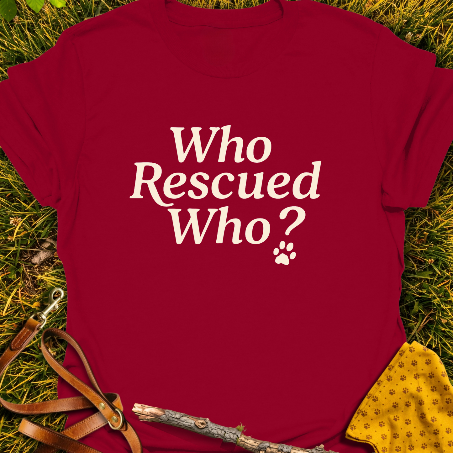 Who Rescued Who? T-shirt T-shirt in Cardinal Red - Furever Mode rescue dog tee