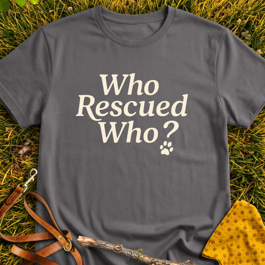 Who Rescued Who? T-shirt T-shirt in Charcoal - Furever Mode rescue dog tee