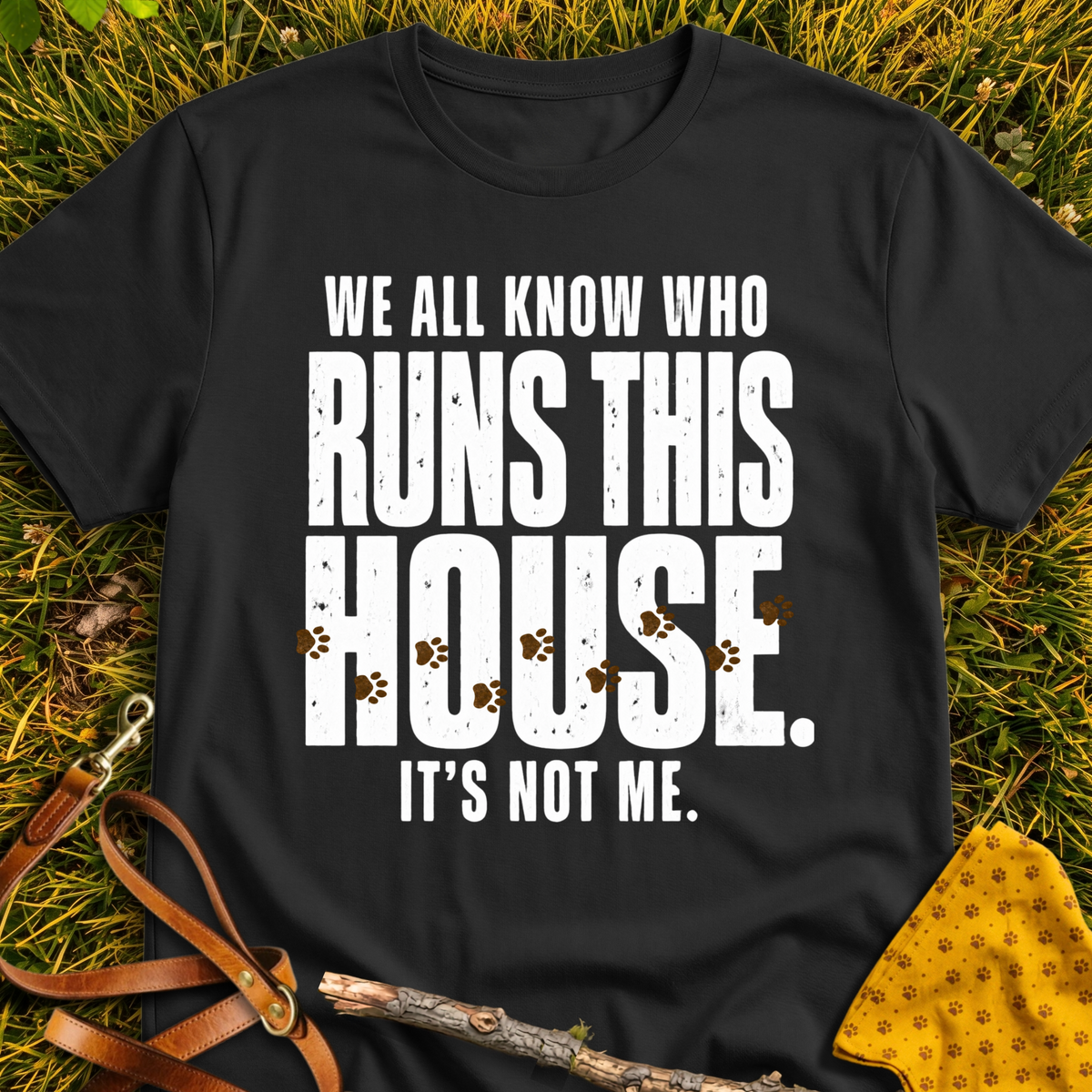 Who Runs This House T-shirt T-shirt in Black - Furever Mode rescue dog tee