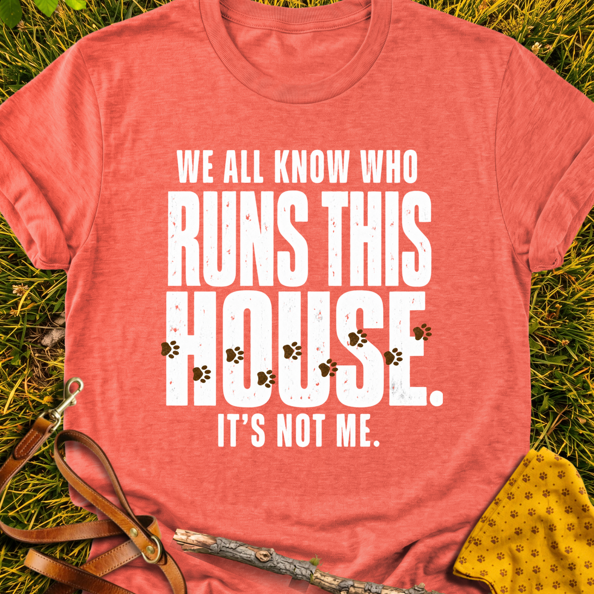 Who Runs This House T-shirt T-shirt in Heather Orange - Furever Mode rescue dog tee