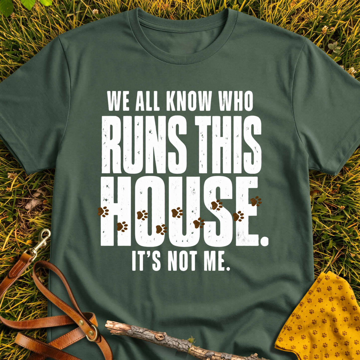 Who Runs This House T-shirt T-shirt in Military Green - Furever Mode rescue dog tee