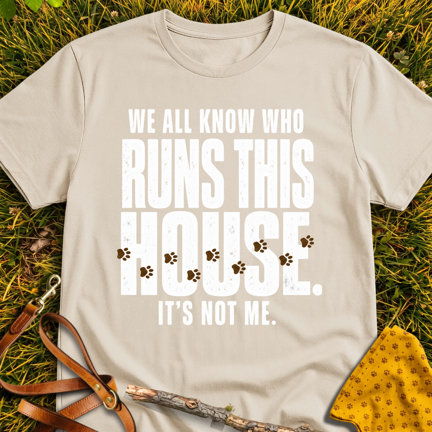 Who Runs This House T-shirt T-shirt in Sand - Furever Mode rescue dog tee
