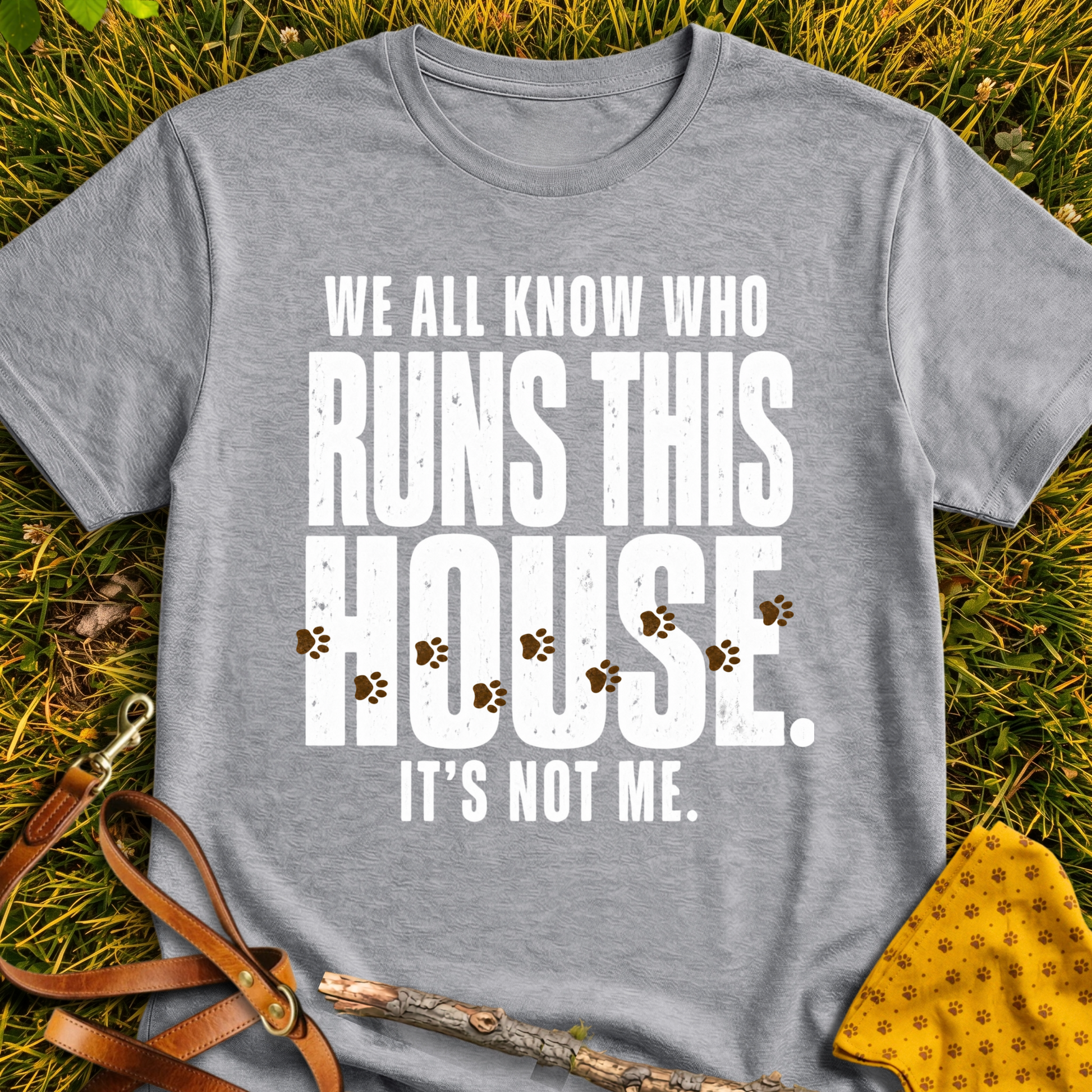 Who Runs This House T-shirt T-shirt in Sport Grey - Furever Mode rescue dog tee