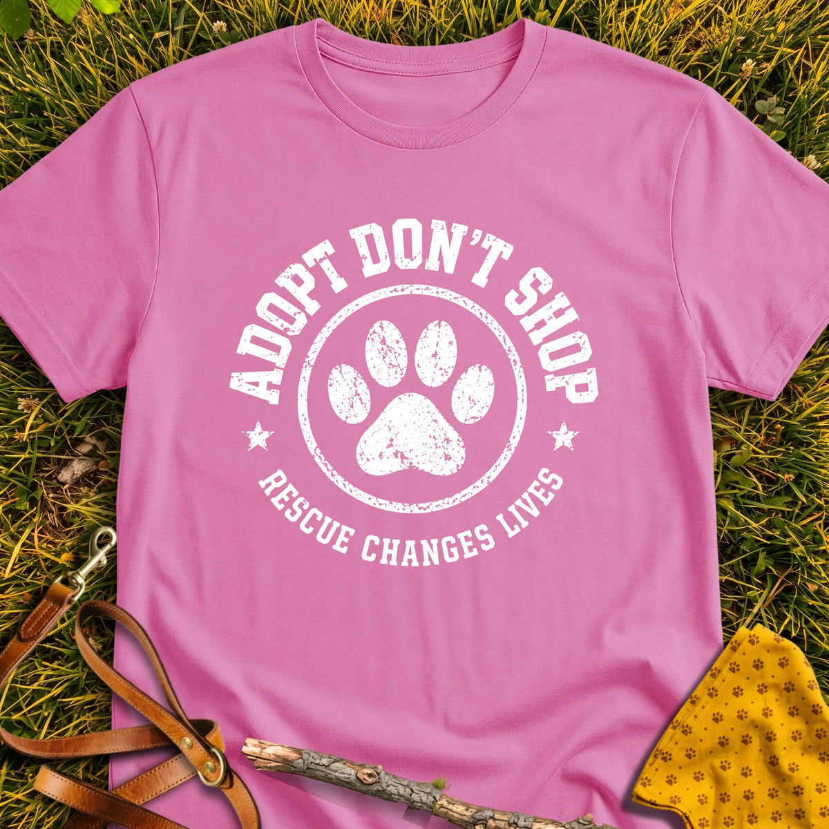 Adoption Badge T-shirt in Azalea - Furever Mode rescue dog tee