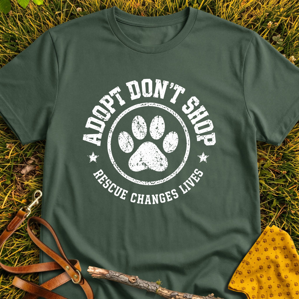 Adoption Badge T-shirt in Military Green - Furever Mode rescue dog tee