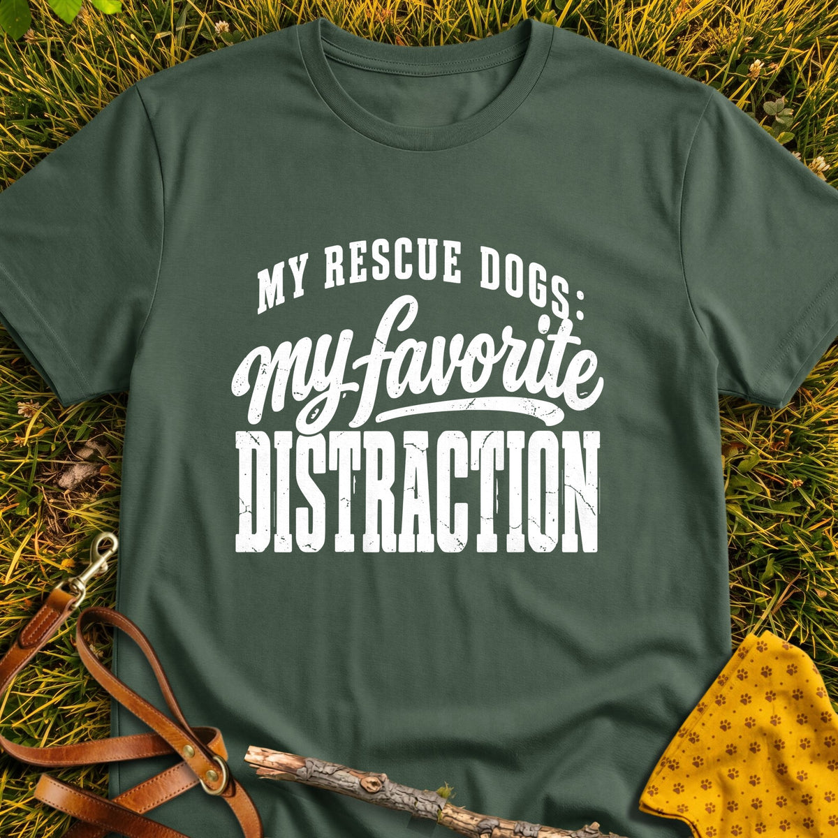 Favorite Distraction T-shirt in Military Green - Furever Mode rescue dog tee