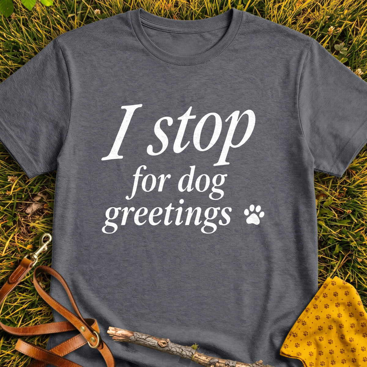 Greeting Stop T-shirt in Dark Heather - Furever Mode rescue dog tee
