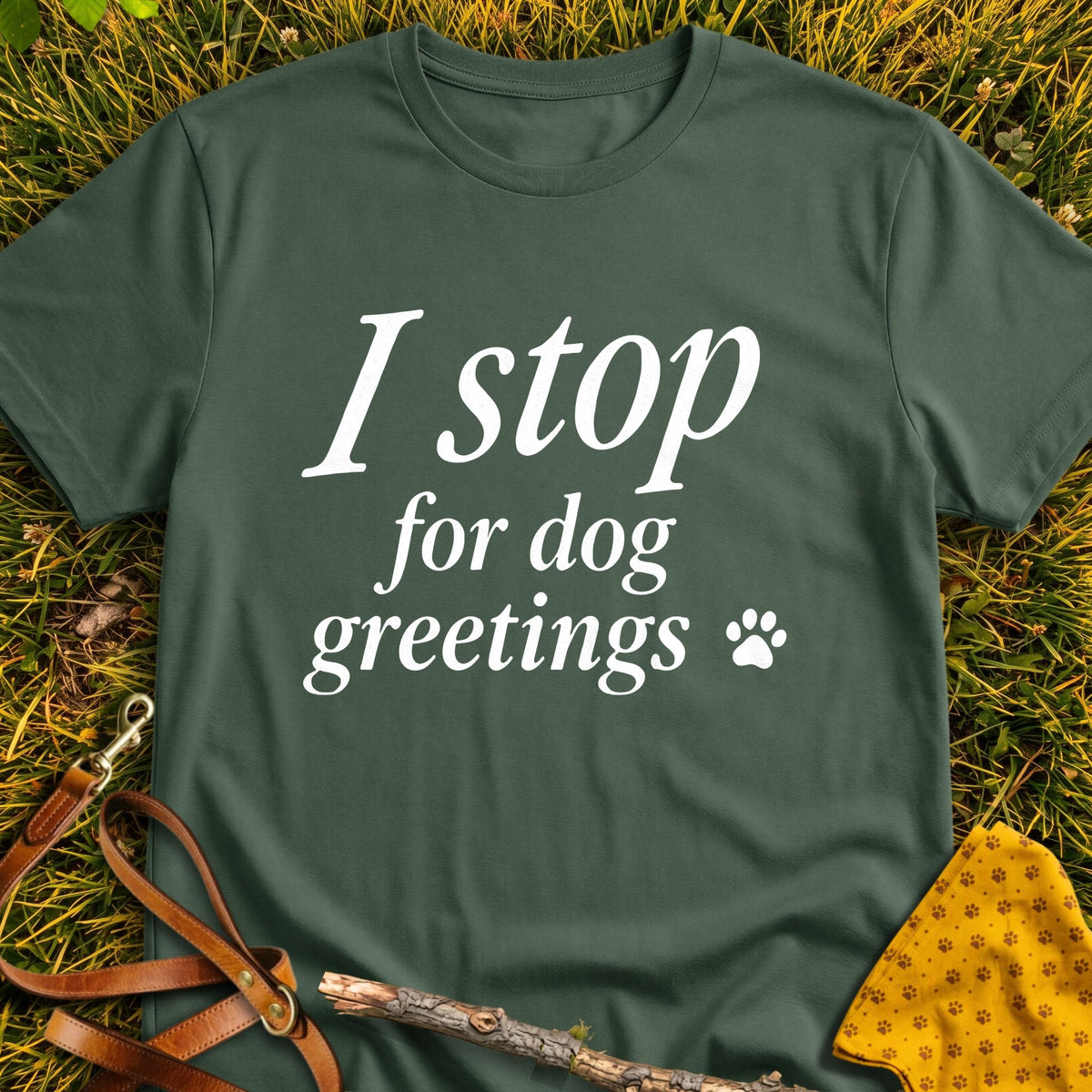 Greeting Stop T-shirt in Military Green - Furever Mode rescue dog tee
