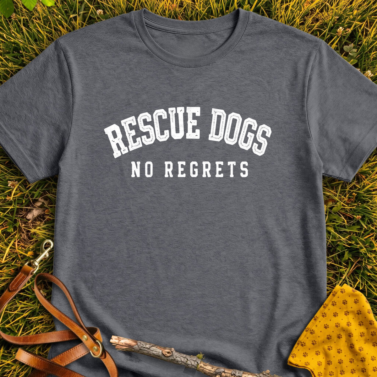 No Regrets T-shirt in Dark Heather - Furever Mode rescue dog tee