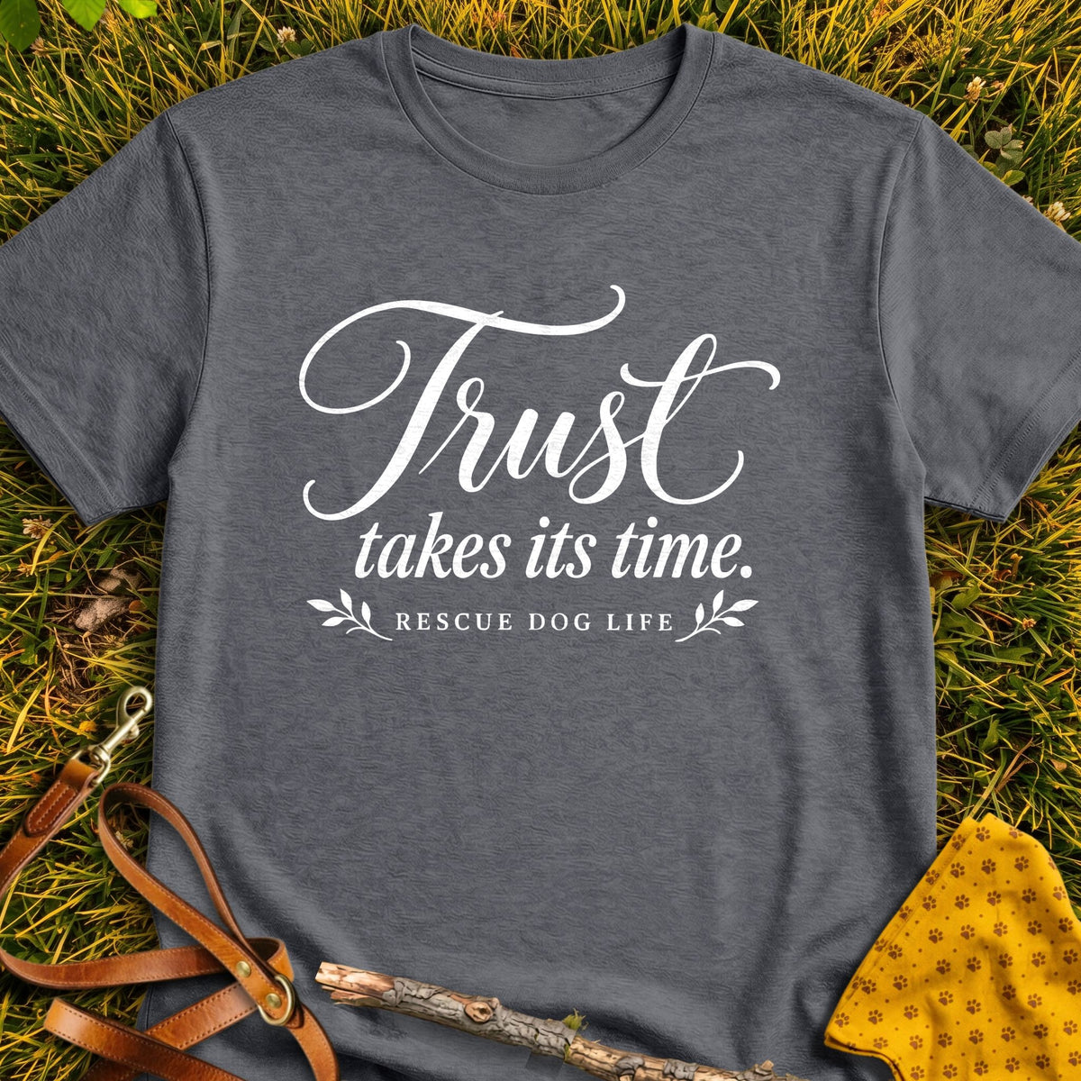 Patient Trust Refined T-shirt in Dark Heather - Furever Mode rescue dog tee