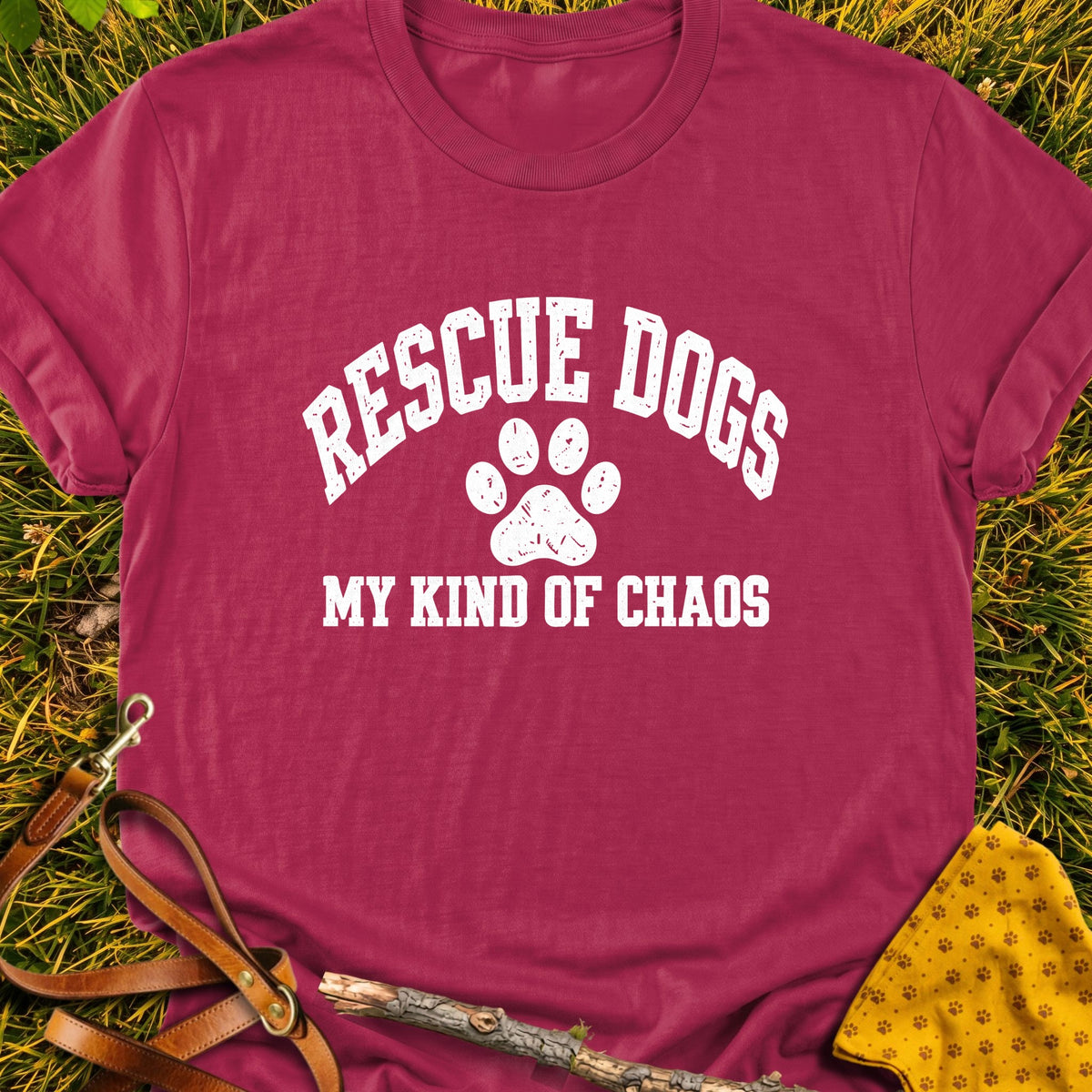 Rescue Chaos T-shirt in Cardinal Red - Furever Mode rescue dog tee