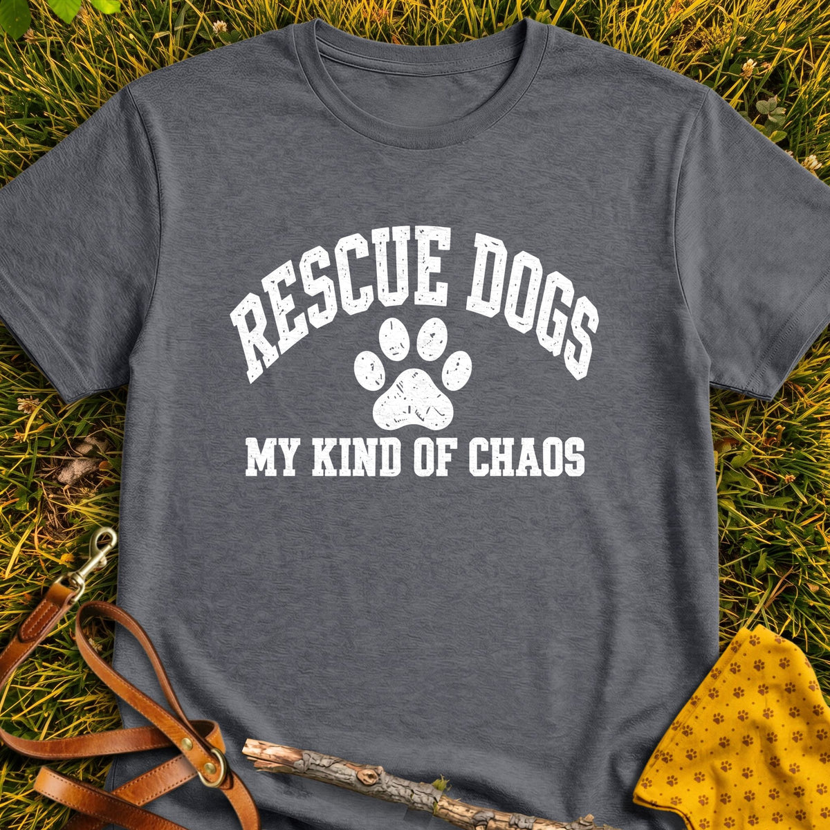 Rescue Chaos T-shirt in Dark Heather - Furever Mode rescue dog tee