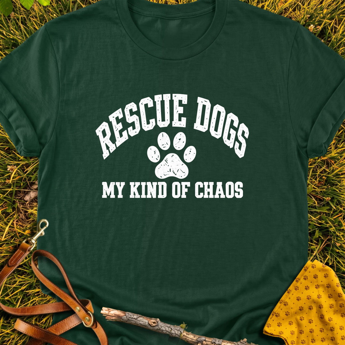 Rescue Chaos T-shirt in Forest Green - Furever Mode rescue dog tee