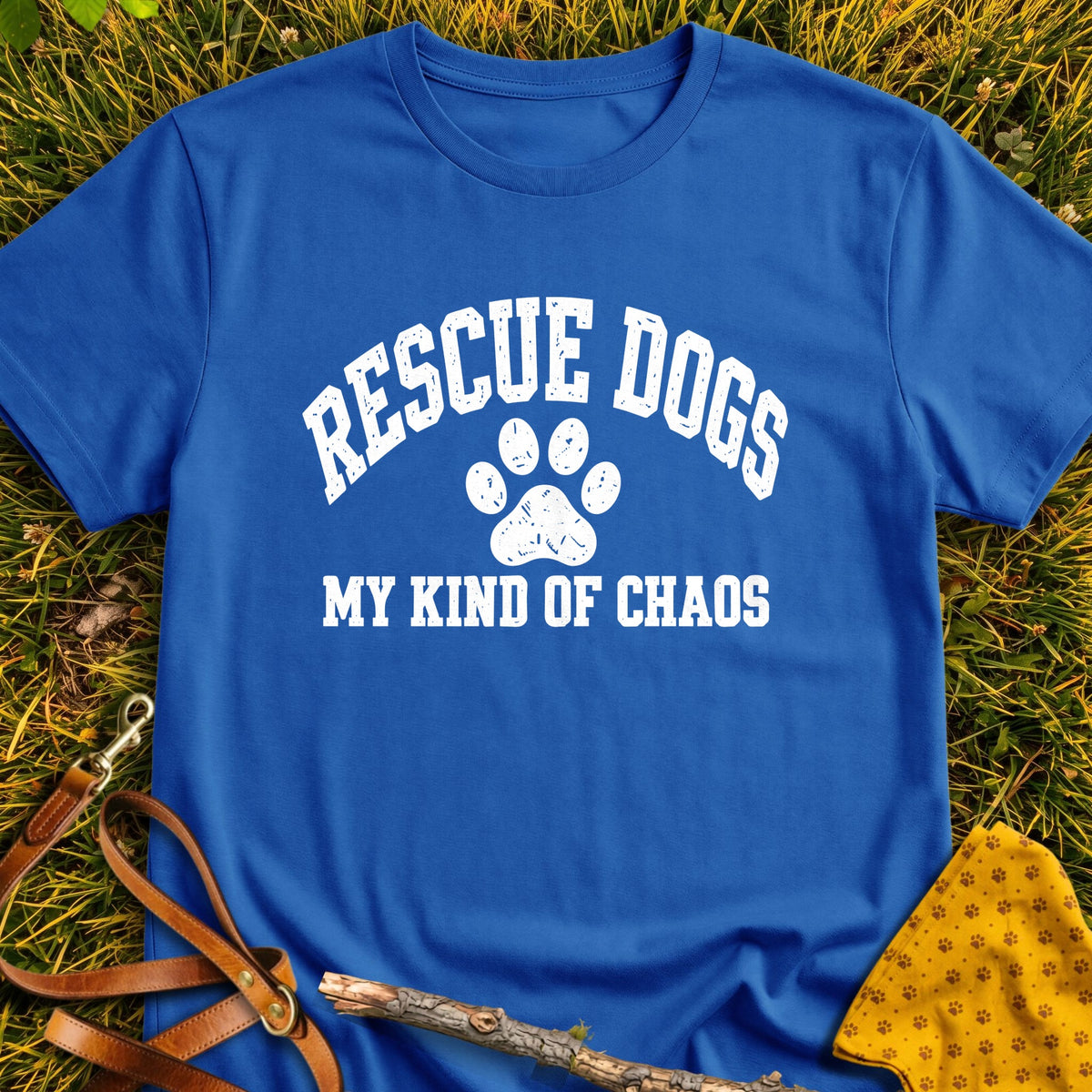 Rescue Chaos T-shirt in Royal - Furever Mode rescue dog tee