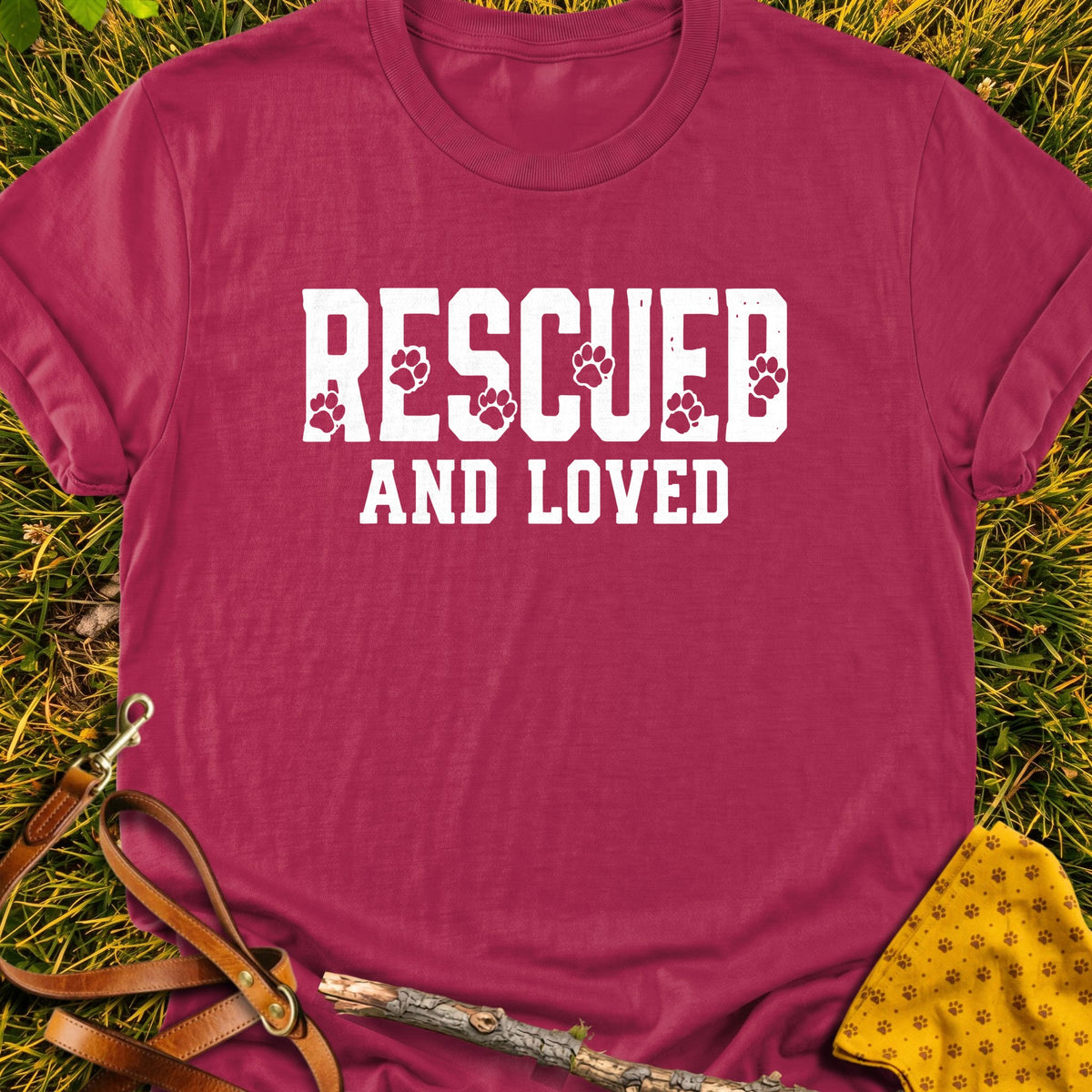 Rescued Loved T-shirt in Cardinal Red - Furever Mode rescue dog tee