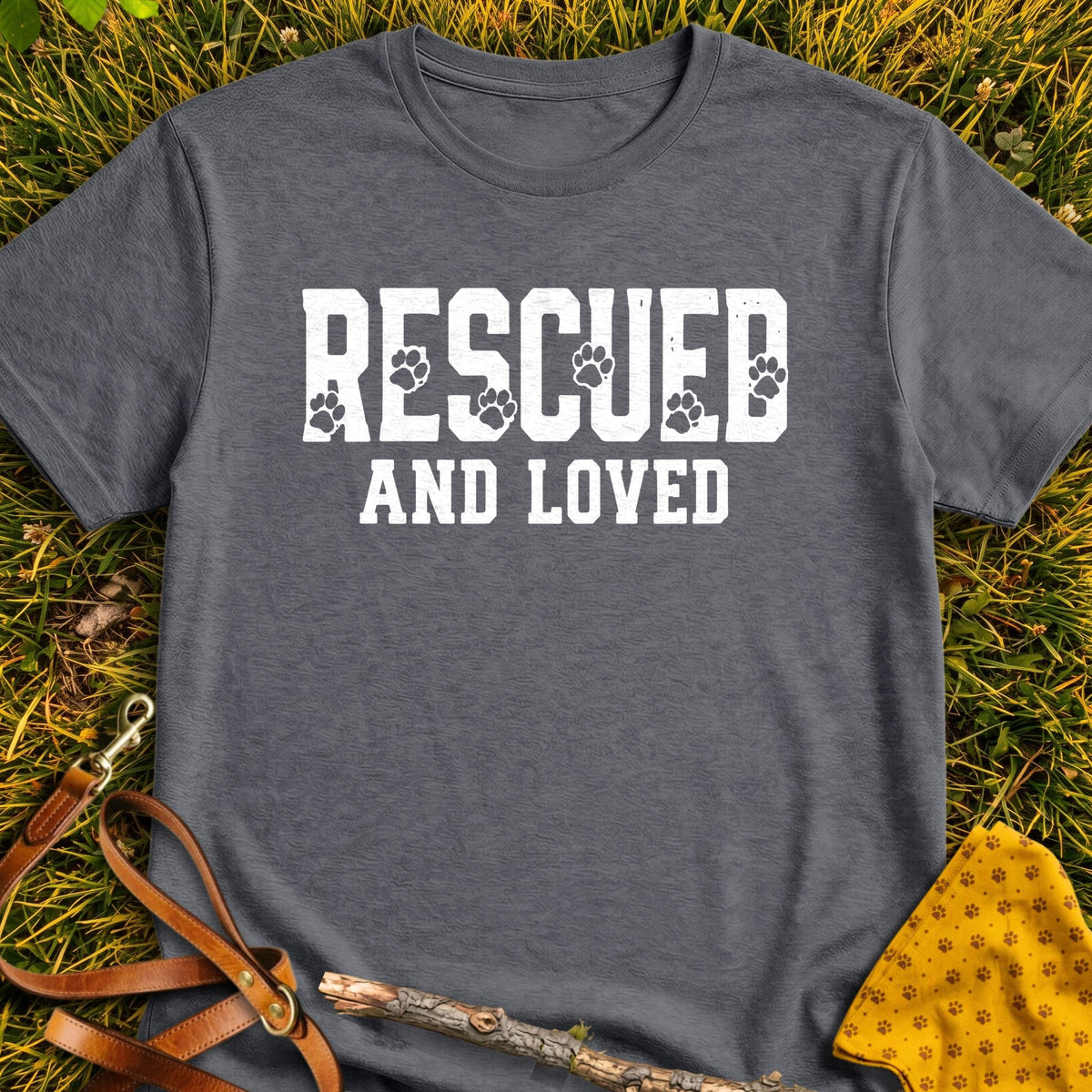 Rescued Loved T-shirt in Dark Heather - Furever Mode rescue dog tee