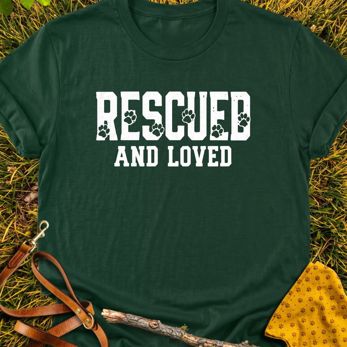 Rescued Loved T-shirt in Forest Green - Furever Mode rescue dog tee