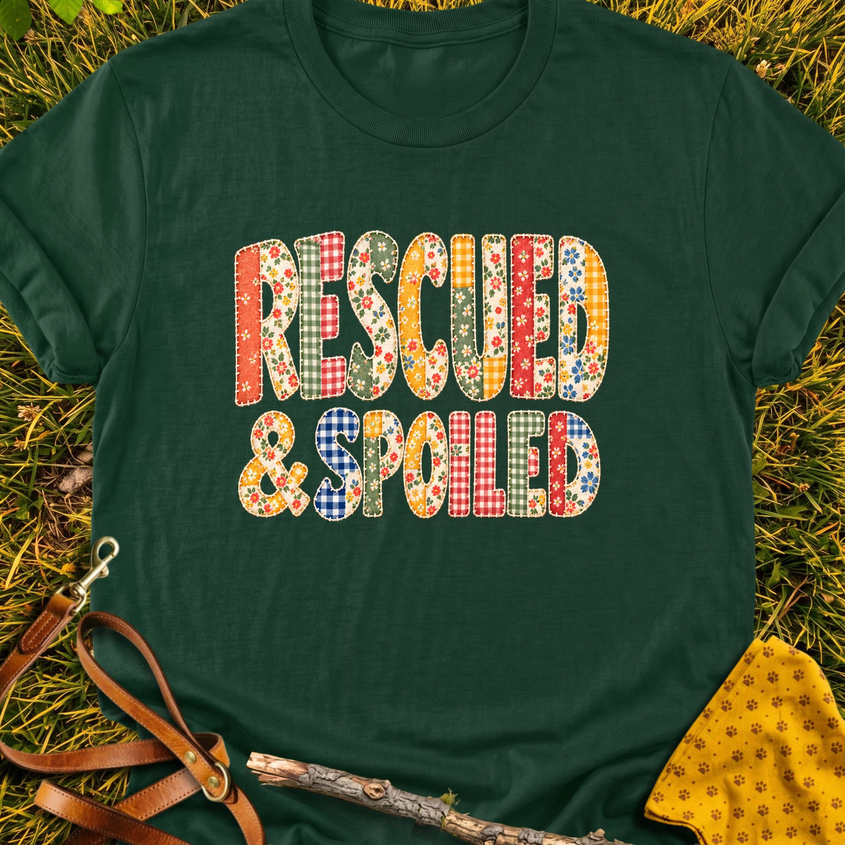 Rescued Spoiled T-shirt in Forest Green - Furever Mode rescue dog tee