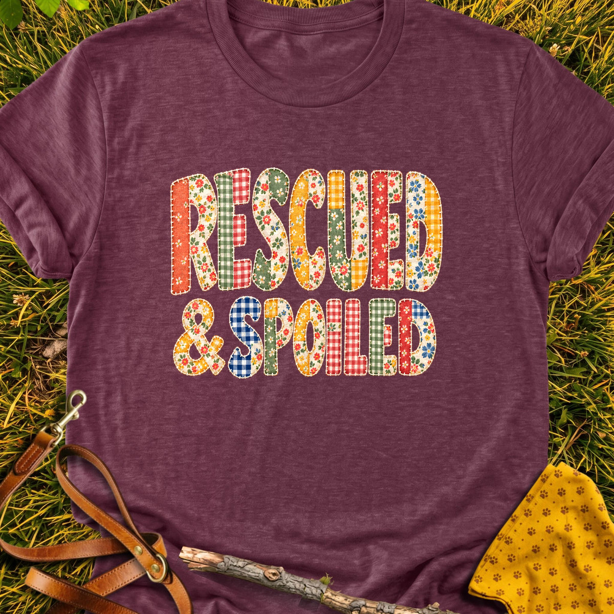 Rescued Spoiled T-shirt in Heather Maroon - Furever Mode rescue dog tee