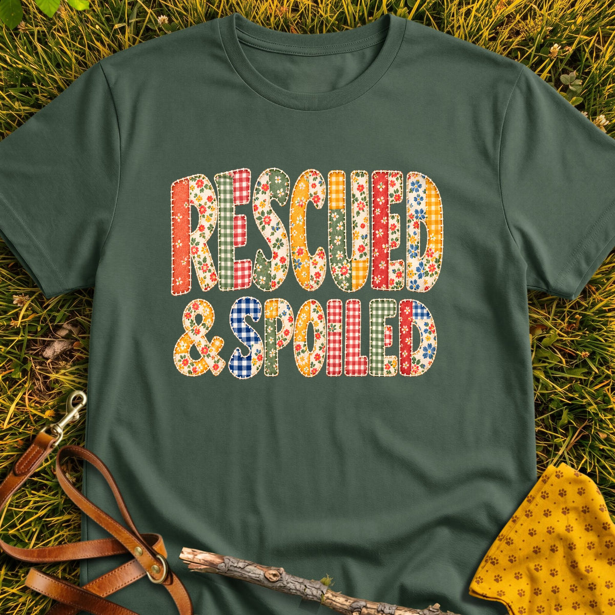 Rescued Spoiled T-shirt in Military Green - Furever Mode rescue dog tee