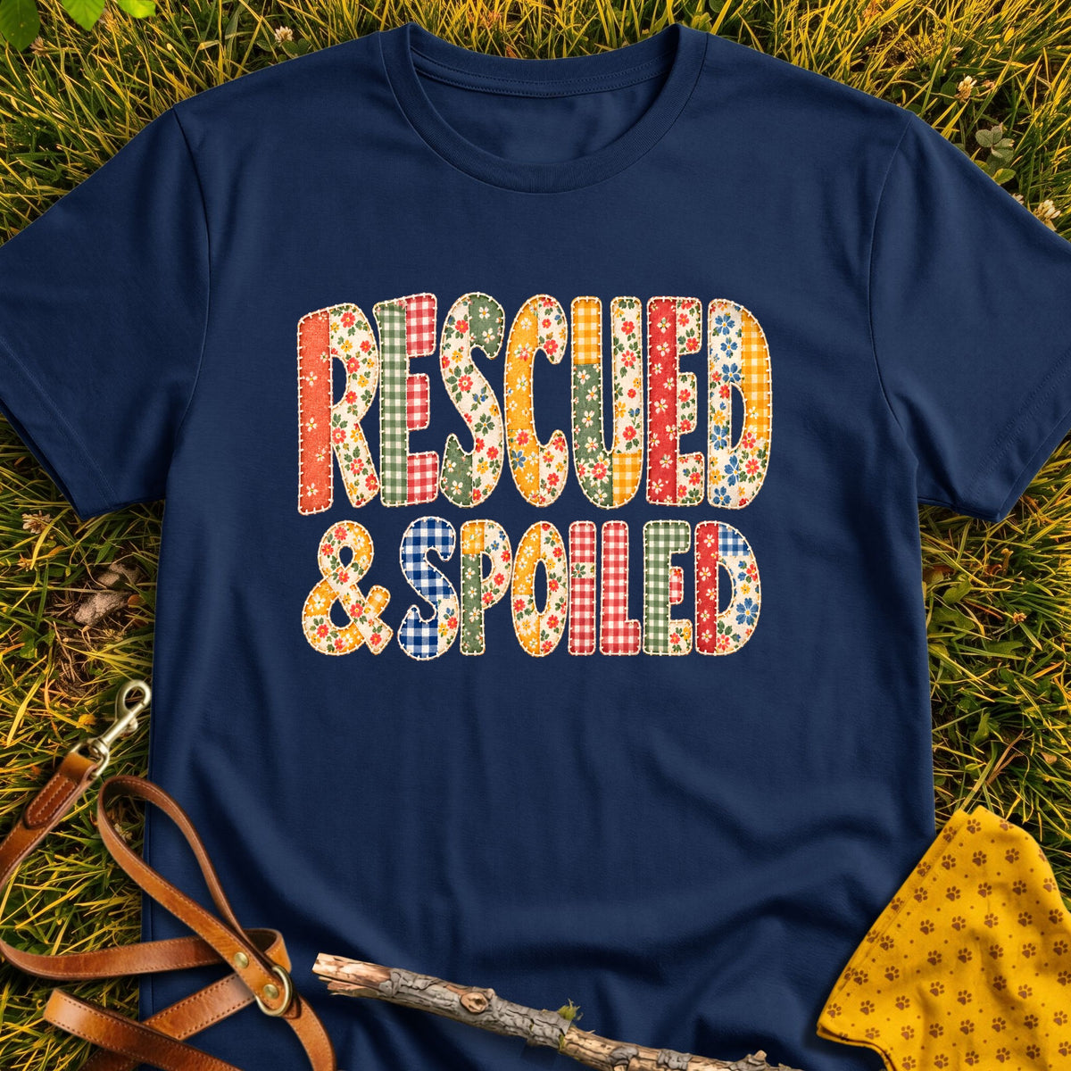 Rescued Spoiled T-shirt in Navy - Furever Mode rescue dog tee