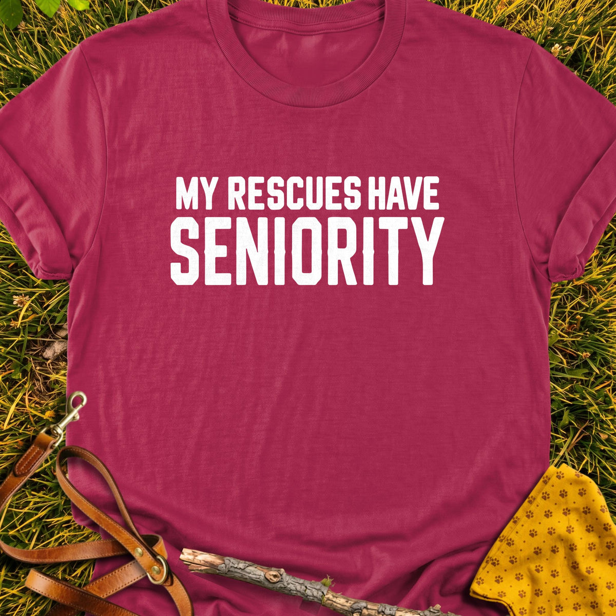 Rescues Seniority T-shirt in Cardinal Red - Furever Mode rescue dog tee
