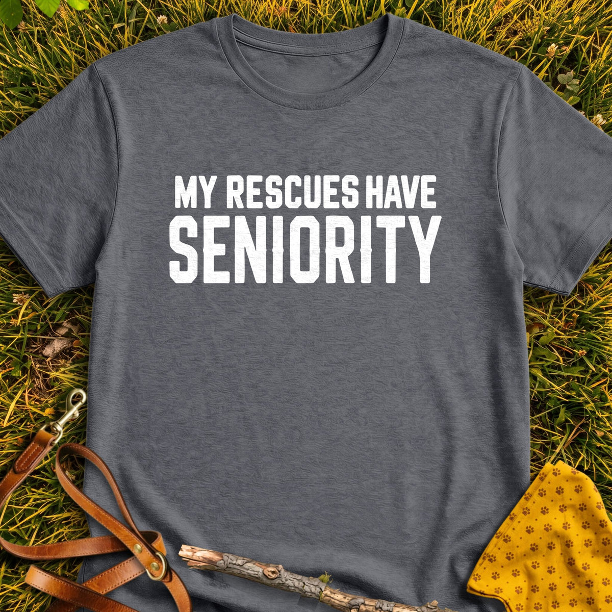 Rescues Seniority T-shirt in Dark Heather - Furever Mode rescue dog tee