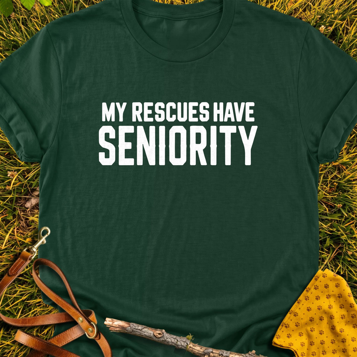 Rescues Seniority T-shirt in Forest Green - Furever Mode rescue dog tee