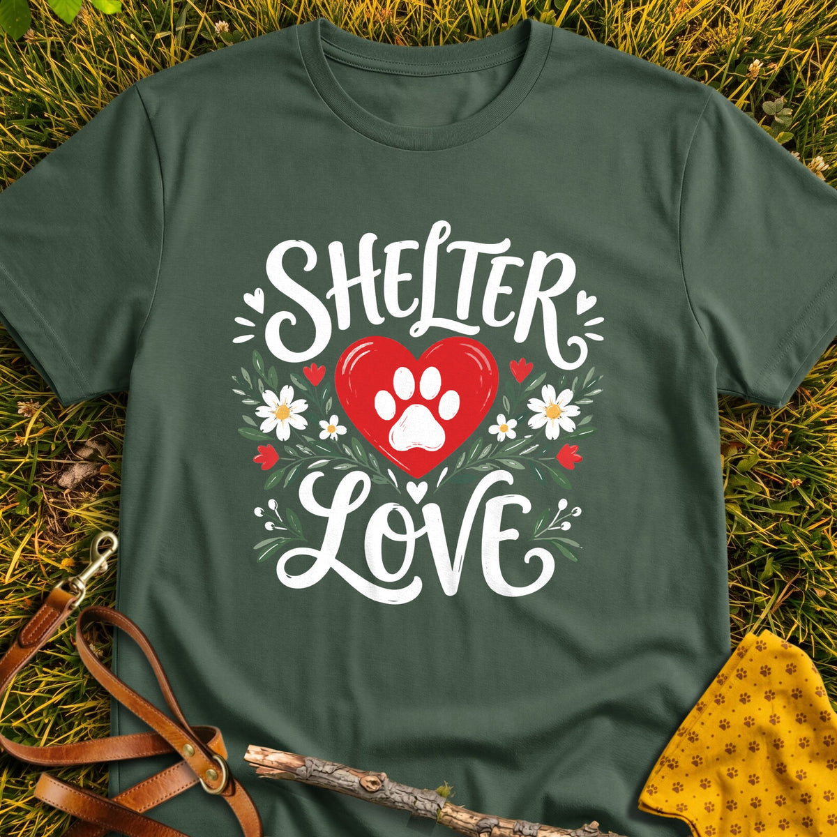 Shelter Love T-shirt in Military Green - Furever Mode rescue dog tee