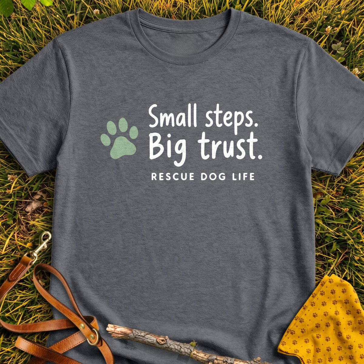 Small Steps T-shirt in Dark Heather - Furever Mode rescue dog tee