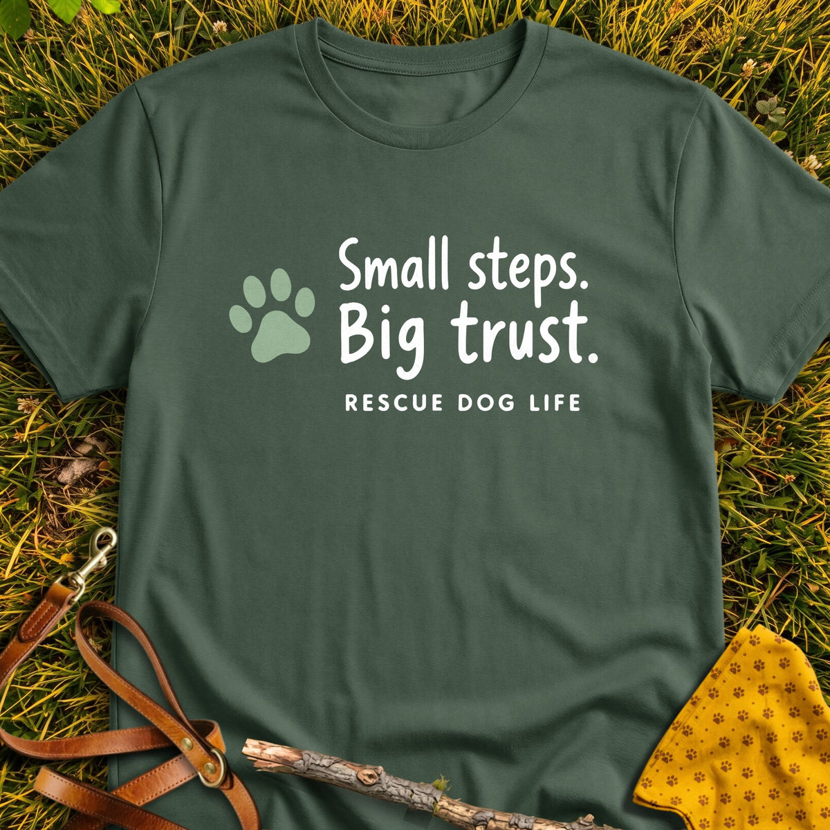 Small Steps T-shirt in Military Green - Furever Mode rescue dog tee