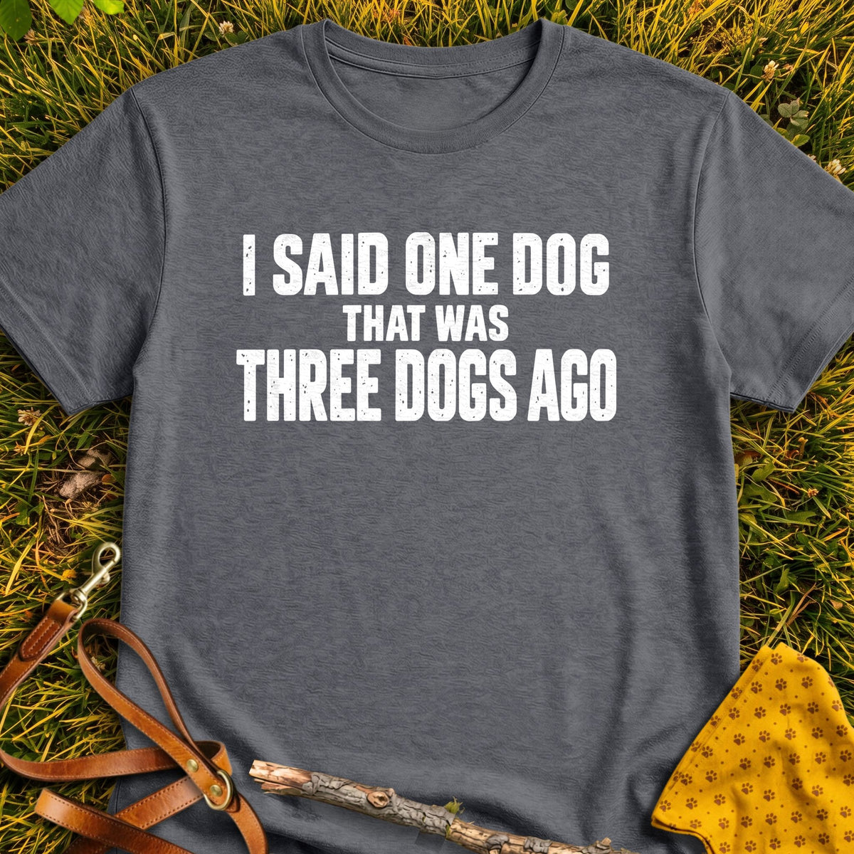 Three Dogs Ago T-shirt in Dark Heather - Furever Mode rescue dog tee